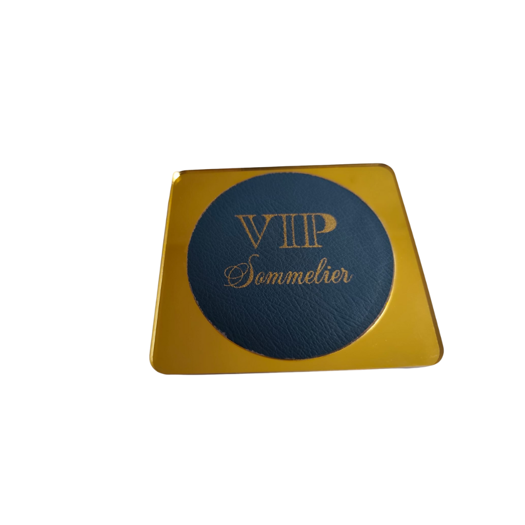 Porta Copas Modelo londres, Acrílico espejo dorado, vinipiel-azul , estampado dorado