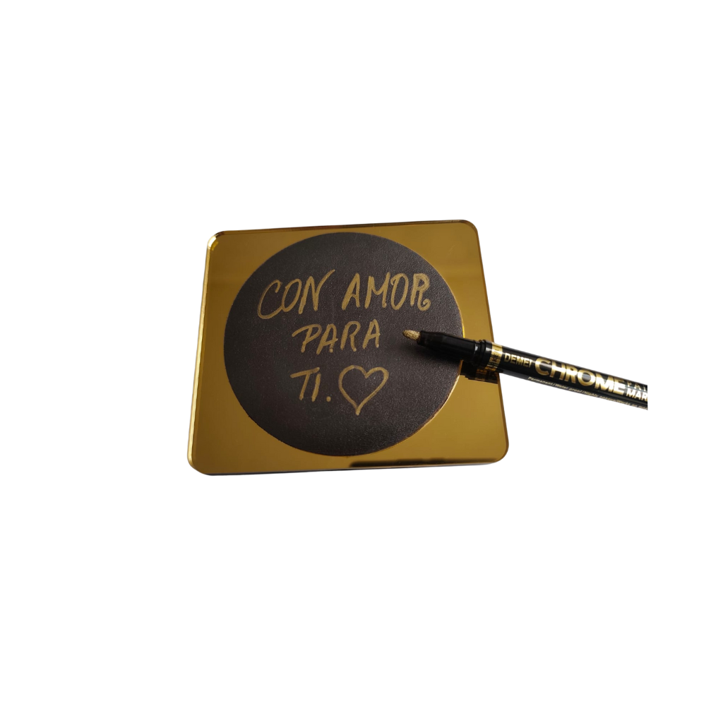 Porta Copas Modelo Venezia, acrílico espejo dorado, piel plata, para autografiarlo con polígrafo cromado